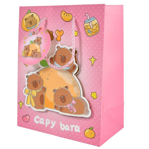 Bolsa de papel para regalos  capybara rosa 32 x 26 cm
